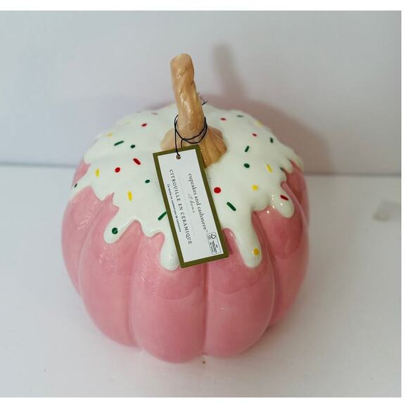 Cupcakes and Cashmere Ceramic Pumpkin Pink White Drip Sprinkles Fall Decor NEW - Picture 1 of 4